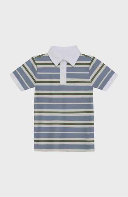 Kids' striped polo shirt with a white collar and two-button placket, featuring horizontal stripes in blue, white, green, and reddish-brown.