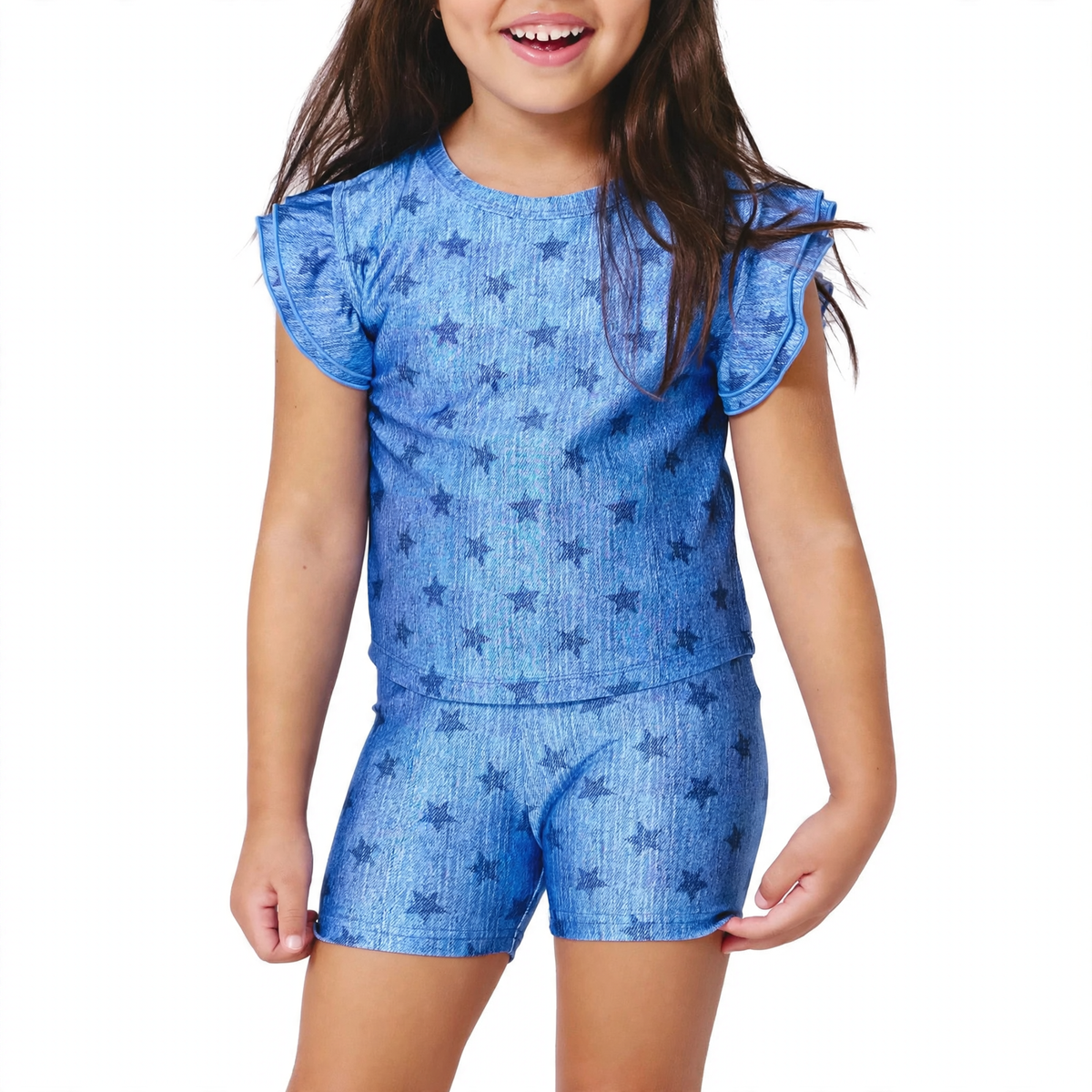 Terez Girls Hi-Shine Ruffle Crop Top in Star Denim on model