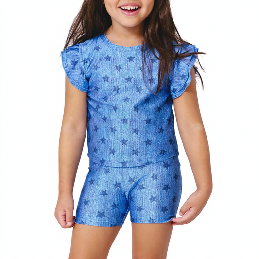 Terez Girls Hi-Shine Ruffle Crop Top in Star Denim on model