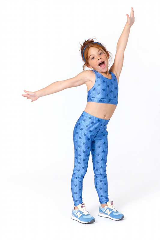 Terez Girls Hi-Shine Sports Bra in Star Denim on model