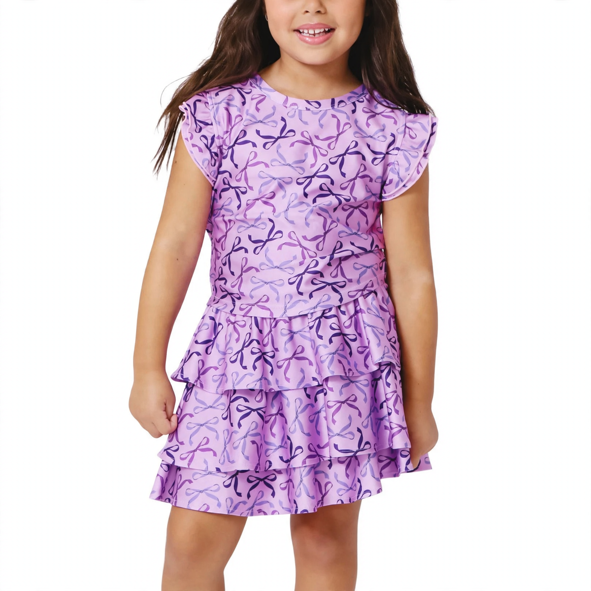 Terez Girls Hi-shine Tiered Skirt in Purple Bows on model