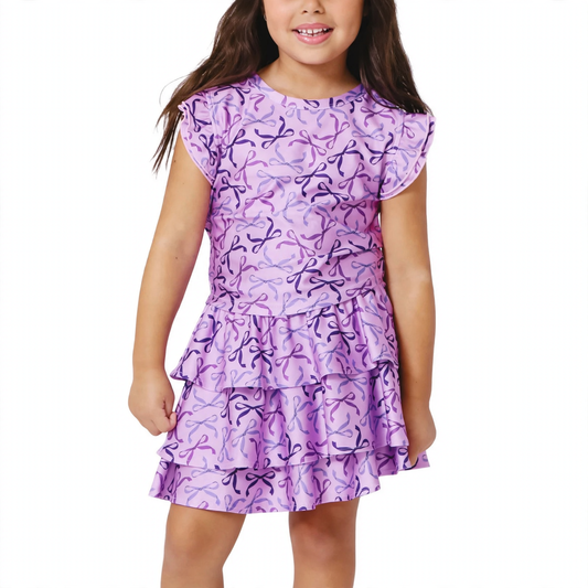 Terez Girls Hi-shine Tiered Skirt in Purple Bows on model