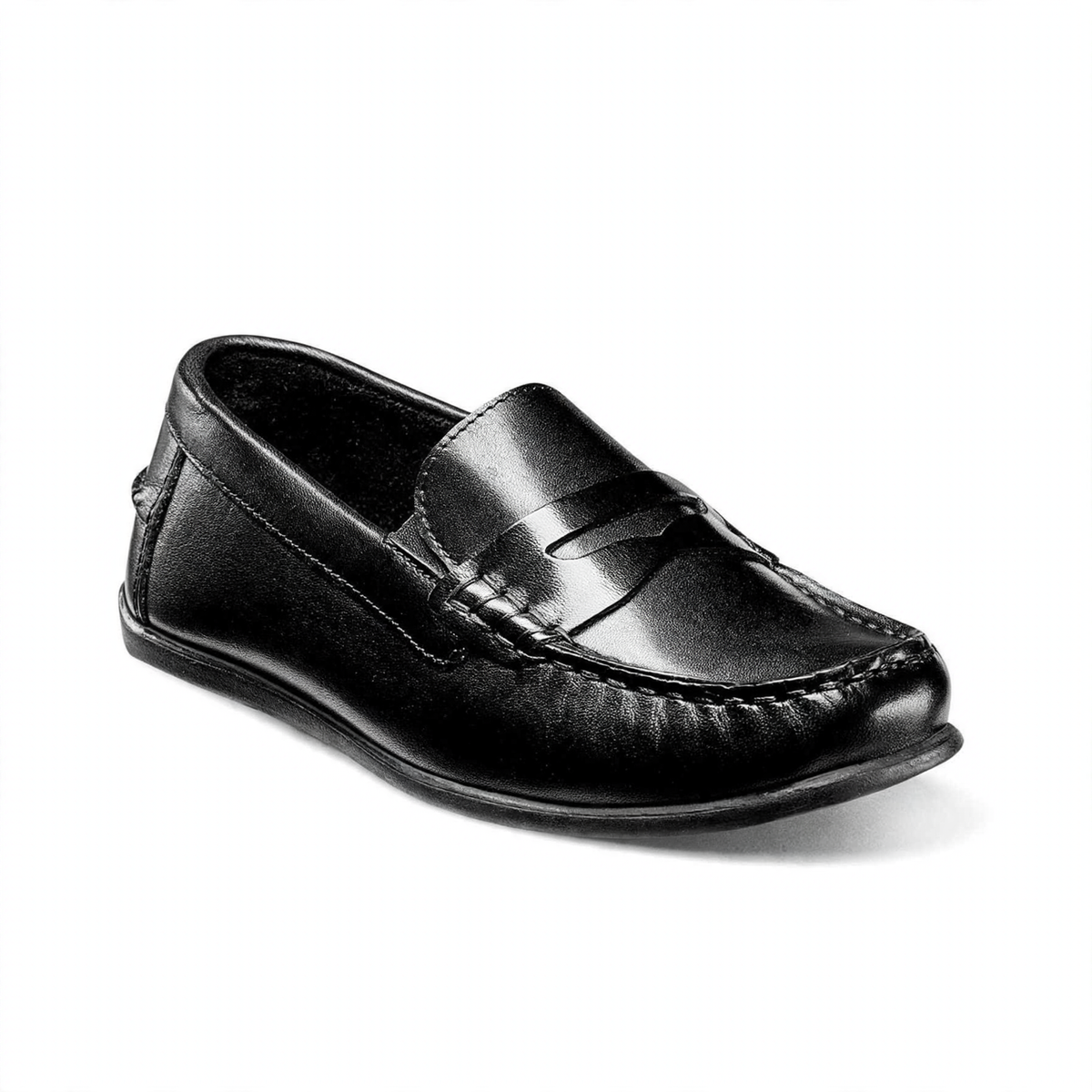 Black leather children's penny loafer with a classic penny strap and moc-toe stitching.