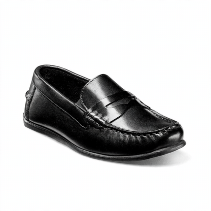Black leather children's penny loafer with a classic penny strap and moc-toe stitching.