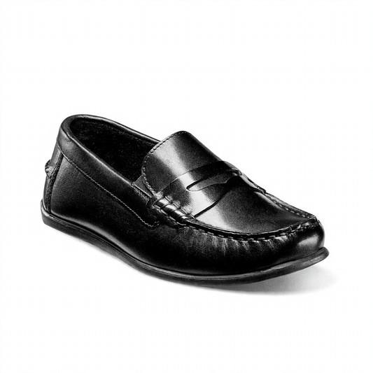 Black leather children's penny loafer with a classic penny strap and moc-toe stitching.
