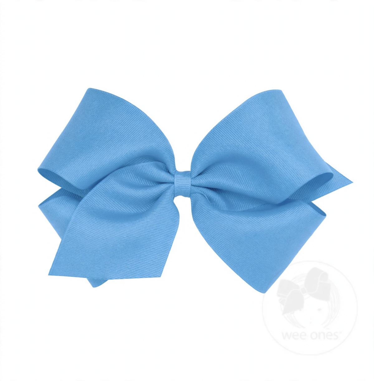 A large light blue grosgrain bow with a ribbed texture, tied in a classic shape.
