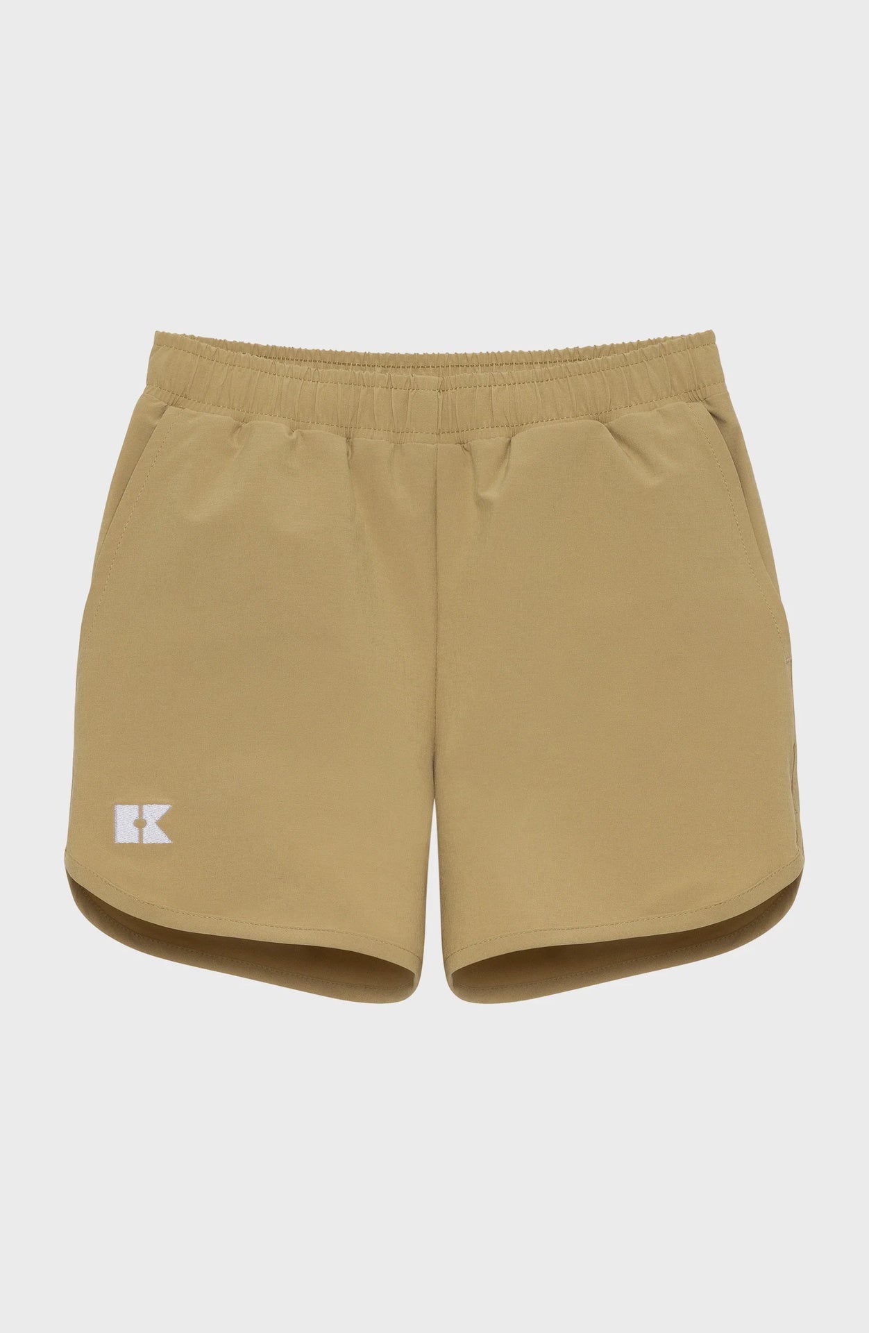 Khaki athletic shorts with an elastic waistband, side pockets, a white K logo on the left leg, and curved hems.