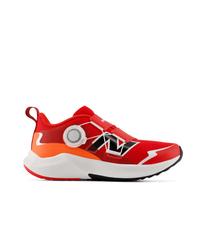 Red and orange New Balance children's athletic shoe with a white sole, black accents, and a side-mounted BOA fit system.