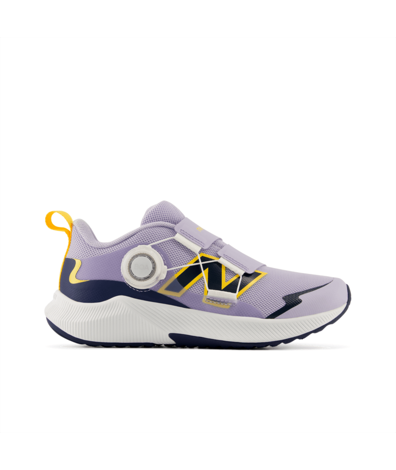 Lavender and navy blue New Balance children's athletic shoe with a BOA dial, hook-and-loop straps, yellow accents, and a white sole.