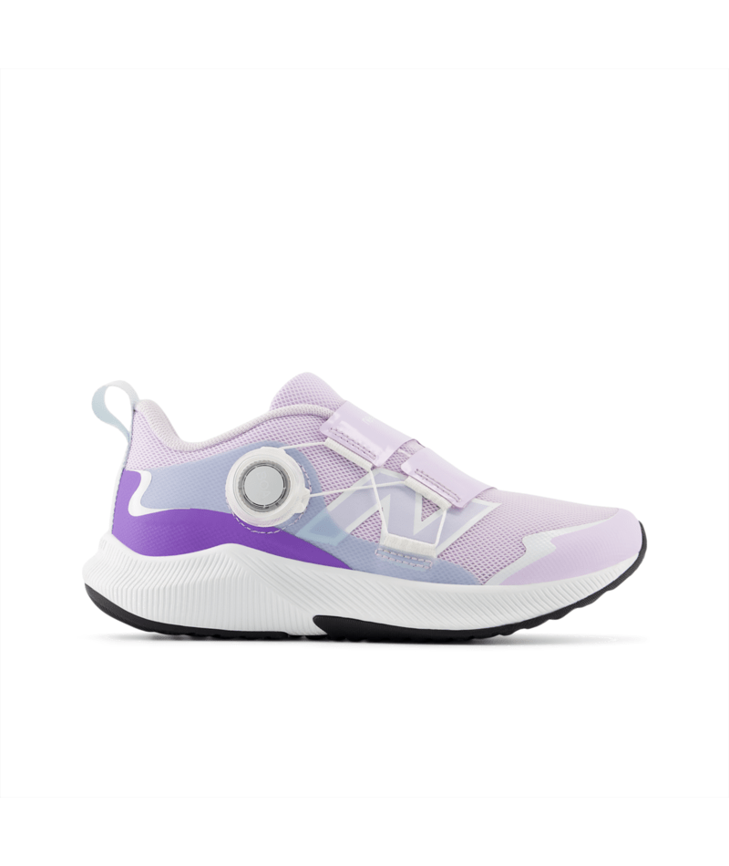 New Balance DynaSoft Reveal v4 BOA kids' sneaker in lavender and purple with a white sole, featuring a BOA dial and hook-and-loop straps.