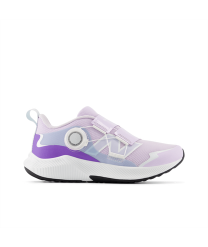 New Balance DynaSoft Reveal v4 BOA kids' sneaker in lavender and purple with a white sole, featuring a BOA dial and hook-and-loop straps.