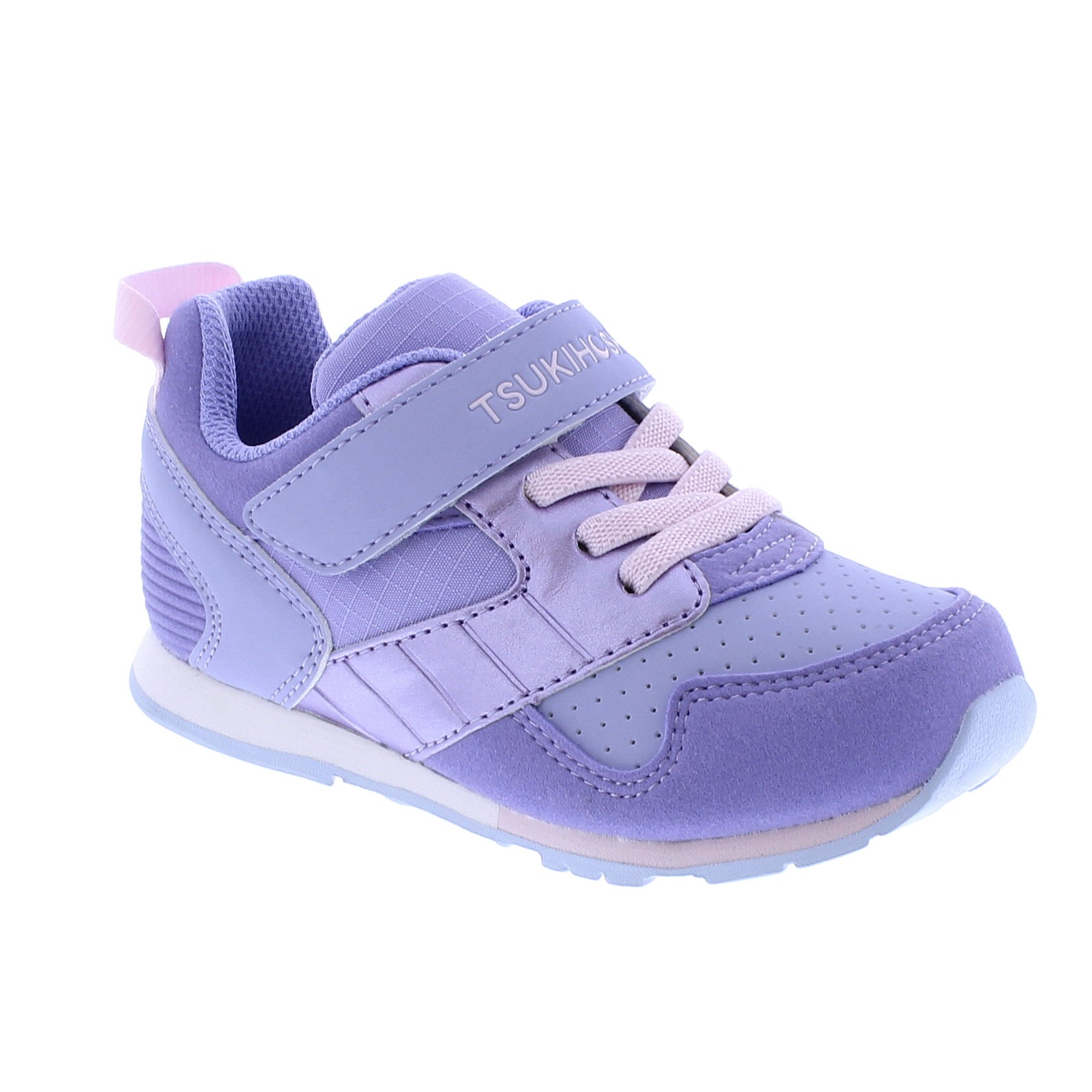 Tsukihoshi Racer Child sneaker in shades of purple with pink laces, a velcro strap, and a white and light blue sole.