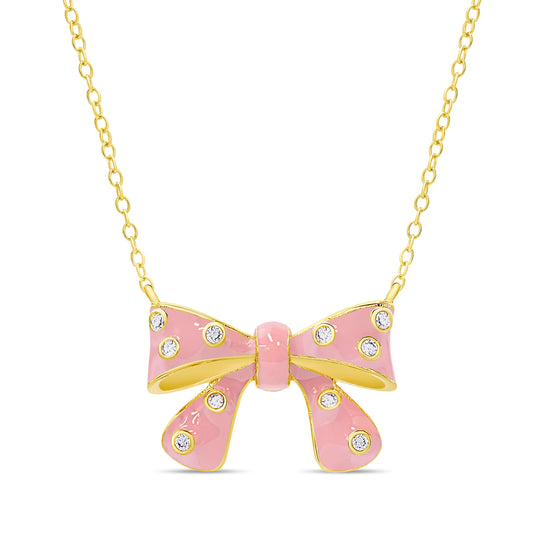 Bow Necklace with CZ – Pink