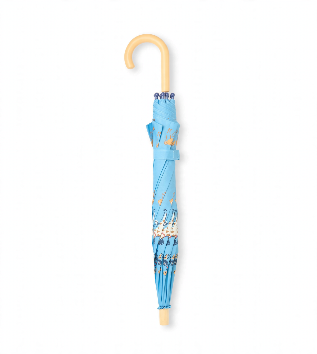 Closed blue umbrella with dog print, wrist strap, and curved beige handle