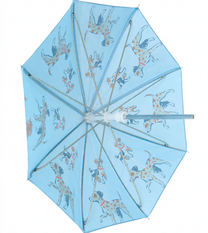 Interior view of blue umbrella showing metal ribs and dog print underside