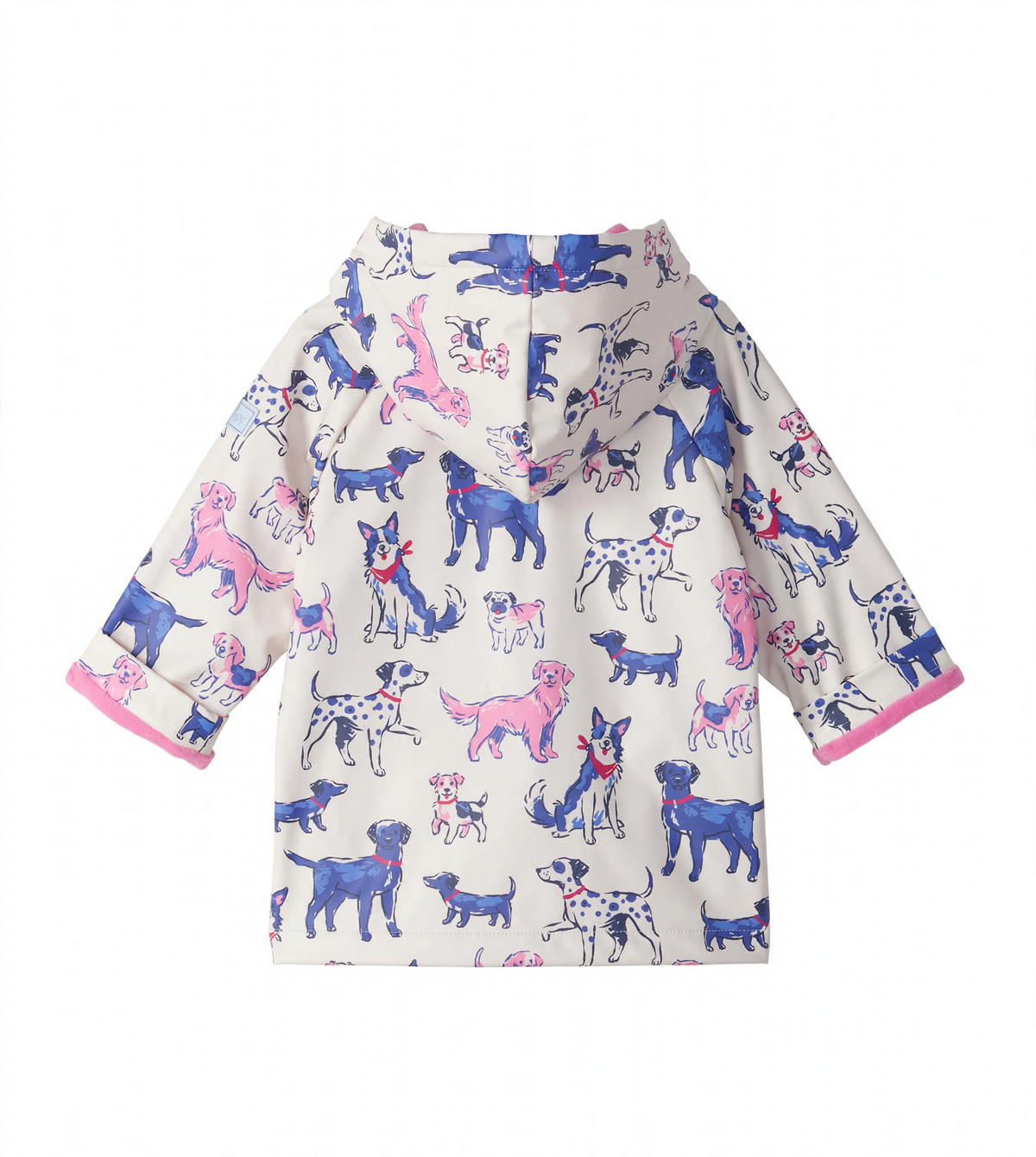 Back view of infant rain coat with hood, pink lining, and blue and pink puppy print