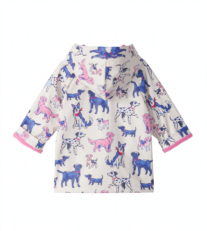 Back view of infant rain coat with hood, pink lining, and blue and pink puppy print