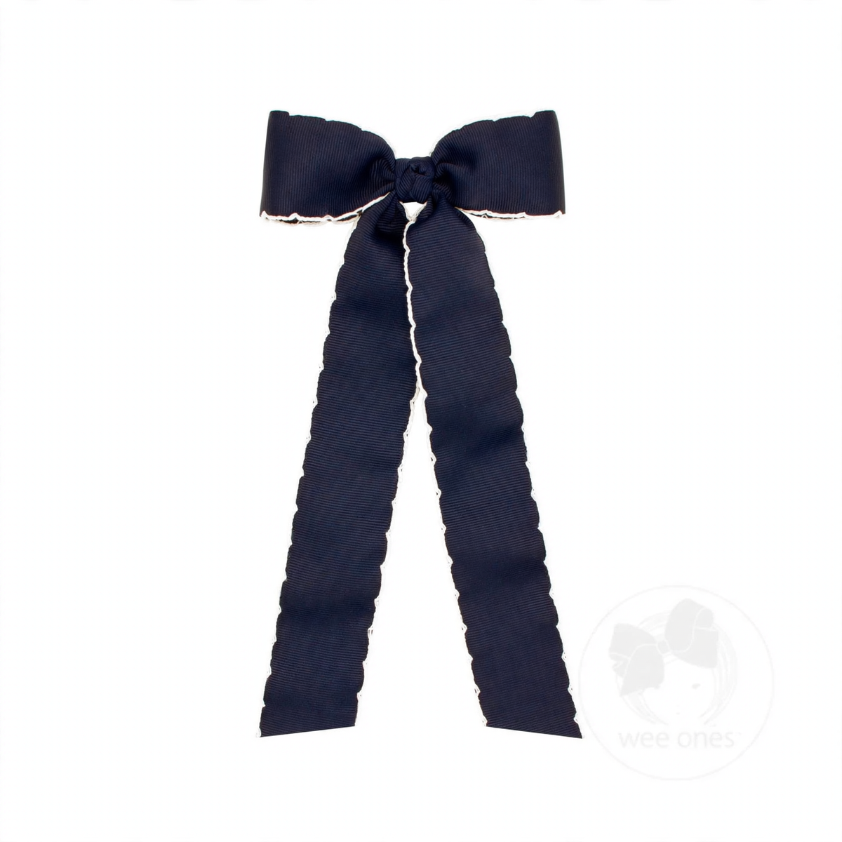 Navy blue grosgrain hair bow with white moonstitch edges, a knot wrap, and long streamer tails.