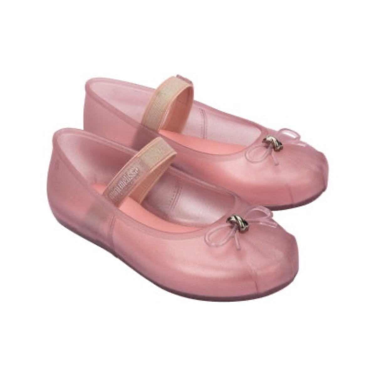 Two translucent pink Mini Melissa Sophie ballet flats with beige Mary Jane straps featuring 'mini melissa' branding and small bows on the toes.