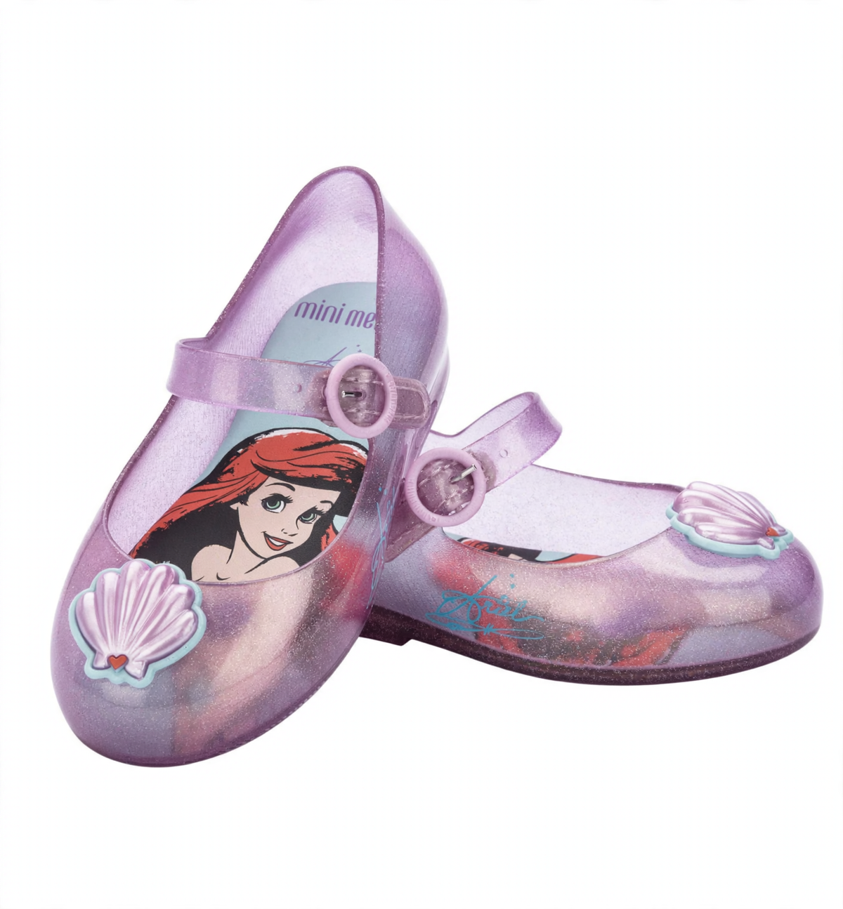 Glittery translucent purple Mini Melissa Mary Jane shoes featuring Ariel on the insole and seashell embellishments on the toes.