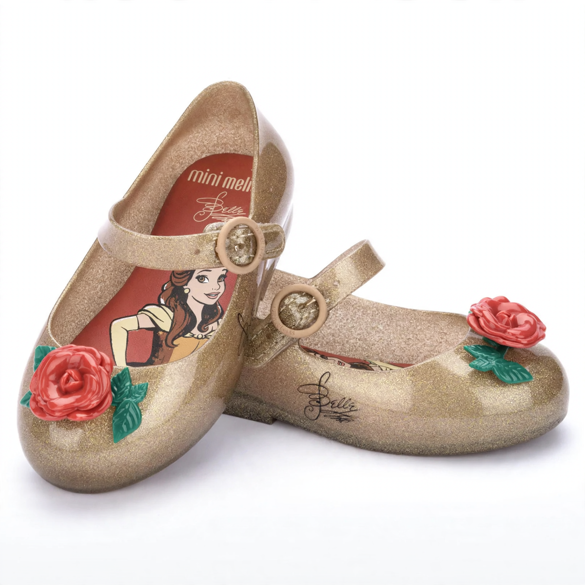 Sparkly gold Mary Jane style shoes with red rose accents, featuring Disney's Belle on the insole and a signature on the side.