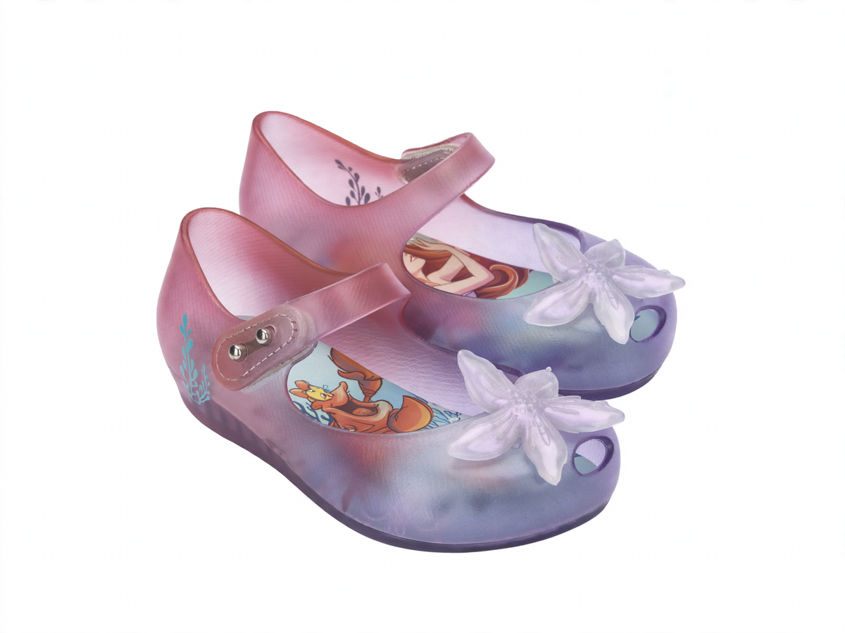 Mini Melissa Ultragirl Little Mermaid baby flats in Clear/Purple/Pink with flower detail