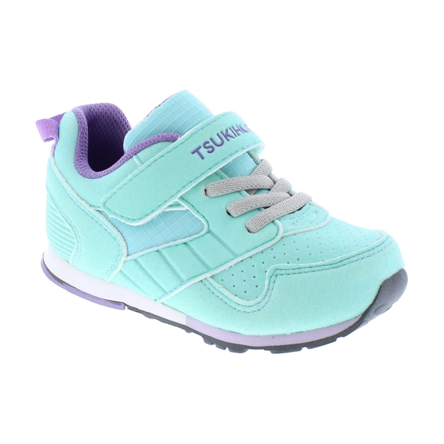 Mint green and purple children's sneaker with grey laces, a Velcro strap featuring the TSUKIHOSHI logo, and a purple pull tab.