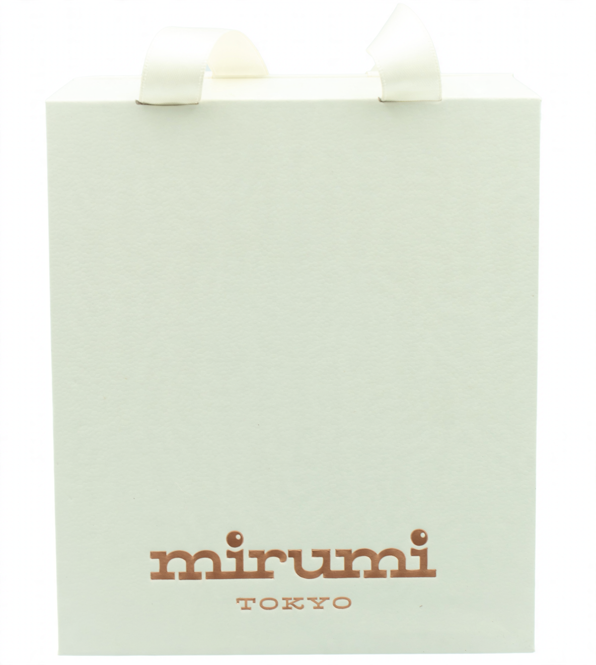 A cream-colored paper gift bag with white ribbon handles and the brand name 'mirumi TOKYO' printed in brown at the bottom, set against a light blue gradient background.