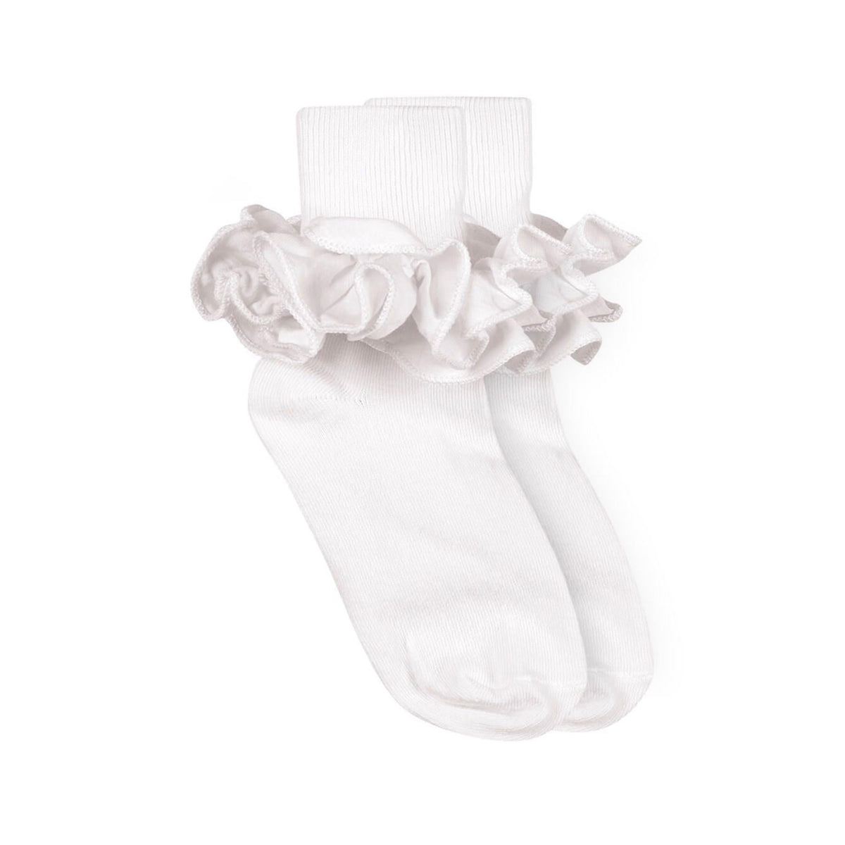White children's turn cuff socks with delicate ruffles around the ankle.