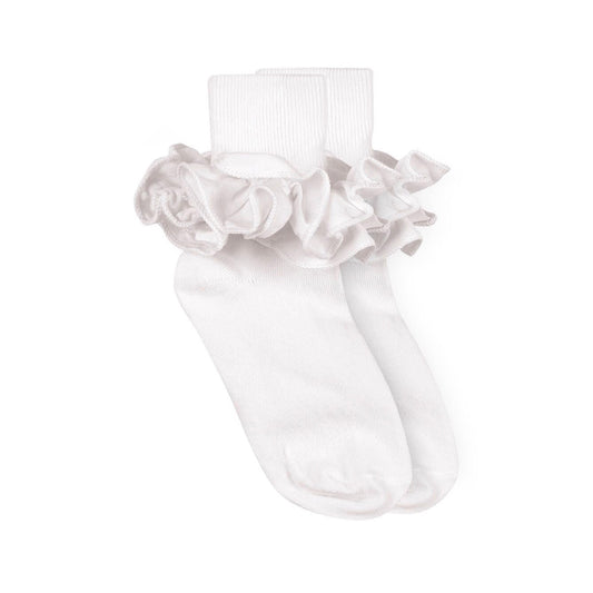 White children's turn cuff socks with delicate ruffles around the ankle.