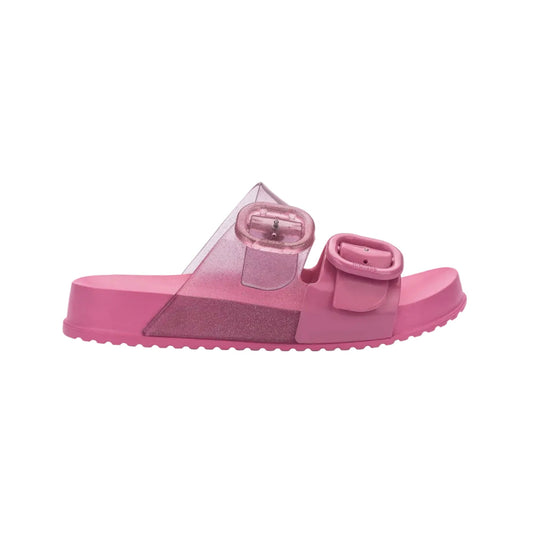 Pink and clear glitter children's slide sandal with two adjustable buckle straps and a textured sole.