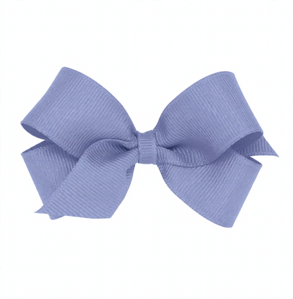 A periwinkle blue mini grosgrain hair bow with a plain wrap center, displayed on a white background.