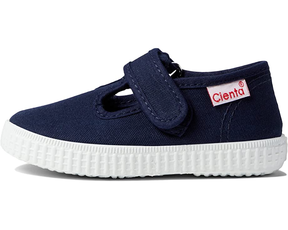 Navy blue canvas children's T-strap shoe with a white textured rubber sole and a red Cienta label on the side.