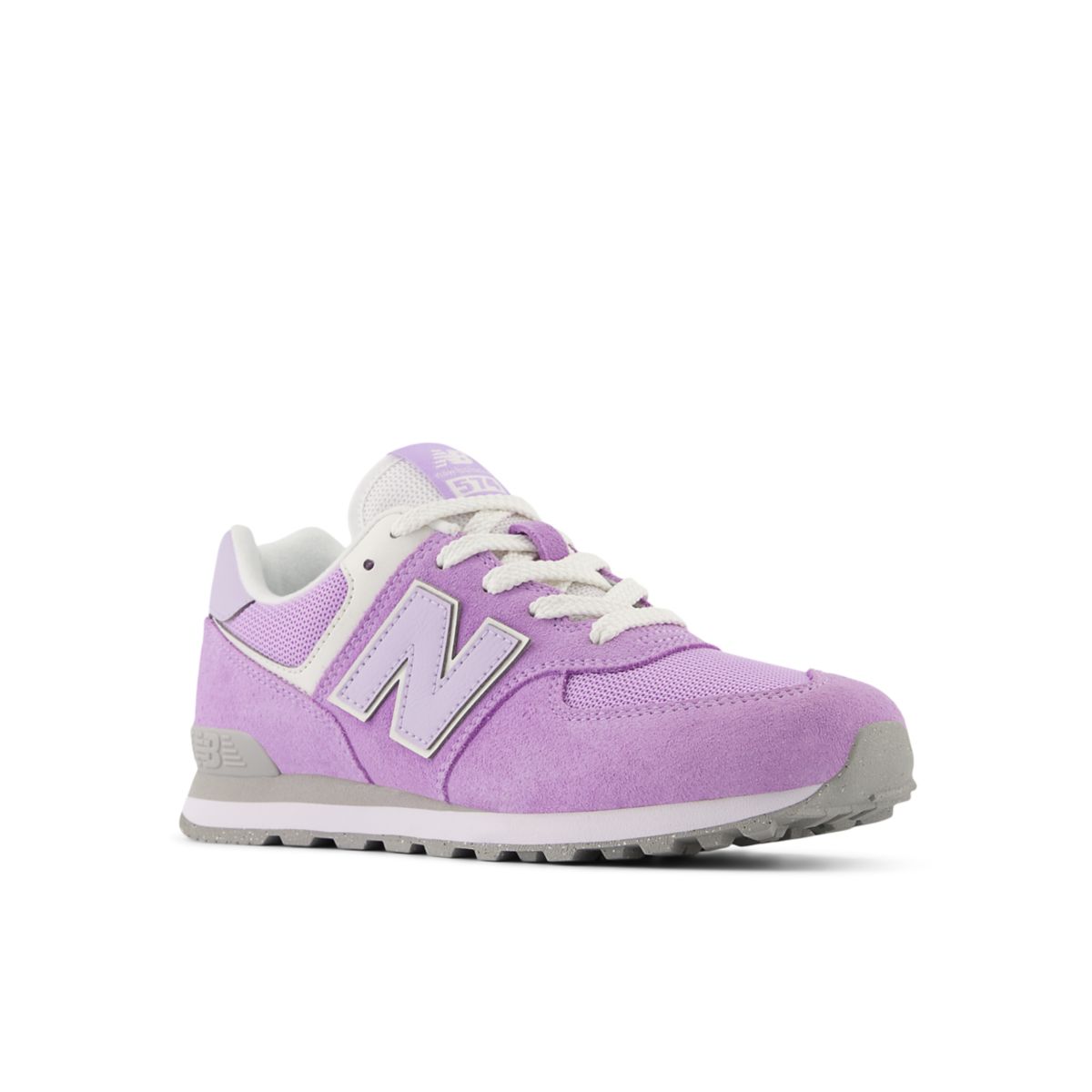 New Balance 574 Core Lace Big Kids, Lilac Glow/Bright Lavender, GC574ESL, front three-quarter view