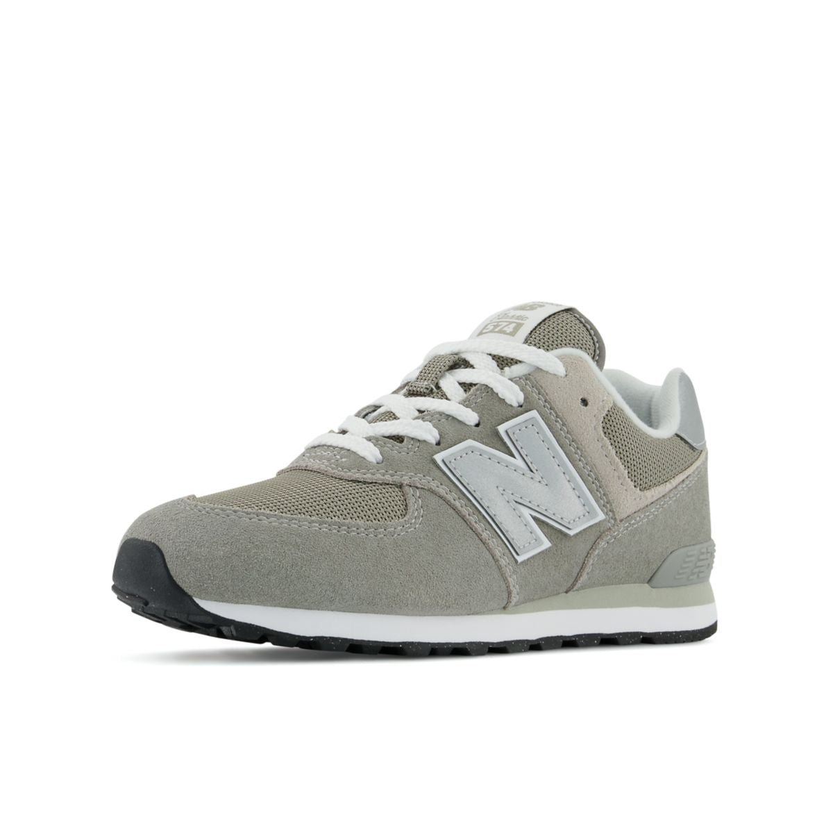 New Balance 574 Core Lace Big Kids, Grey White-EVG, GC574EVG, opposite-side front three-quarter view