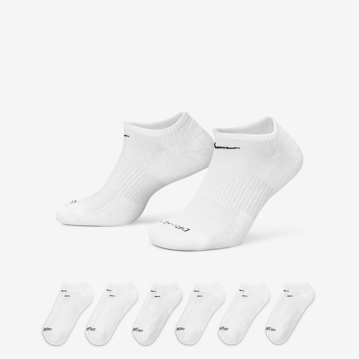 Nike Everyday Plus Cushioned No-Show Socks, six pairs in White/Black, style SX6898-100