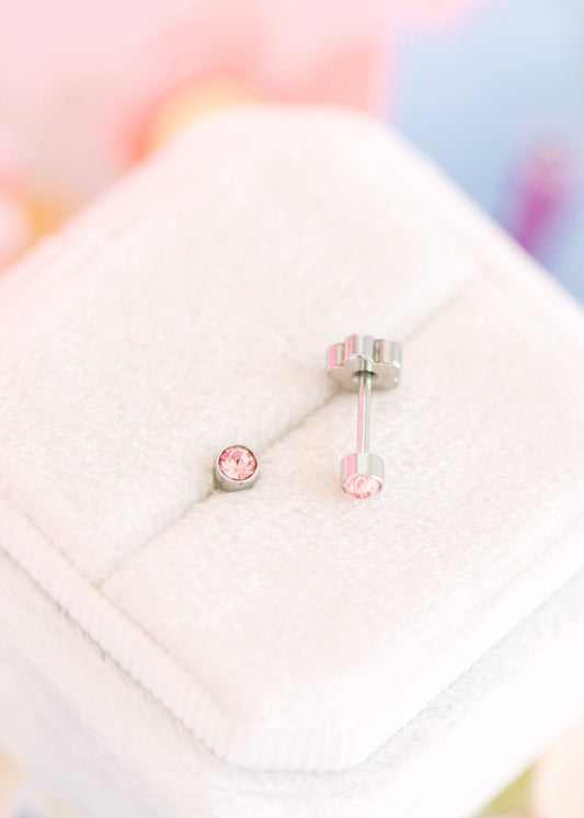 Silver Tiny Diamond Stud - Pink