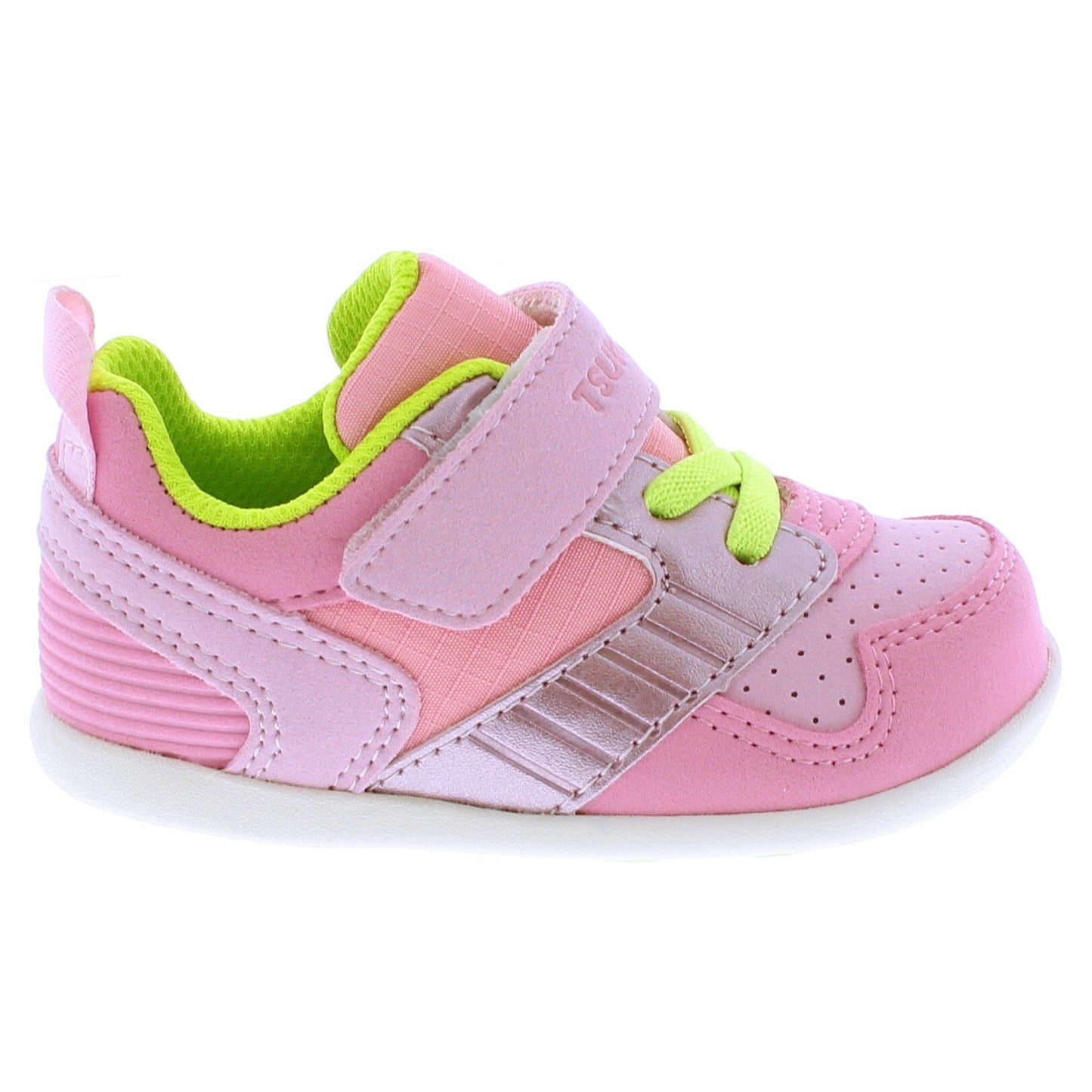 Pink and neon green children's sneaker with a Velcro strap, elastic laces, perforated toe, and ribbed heel.