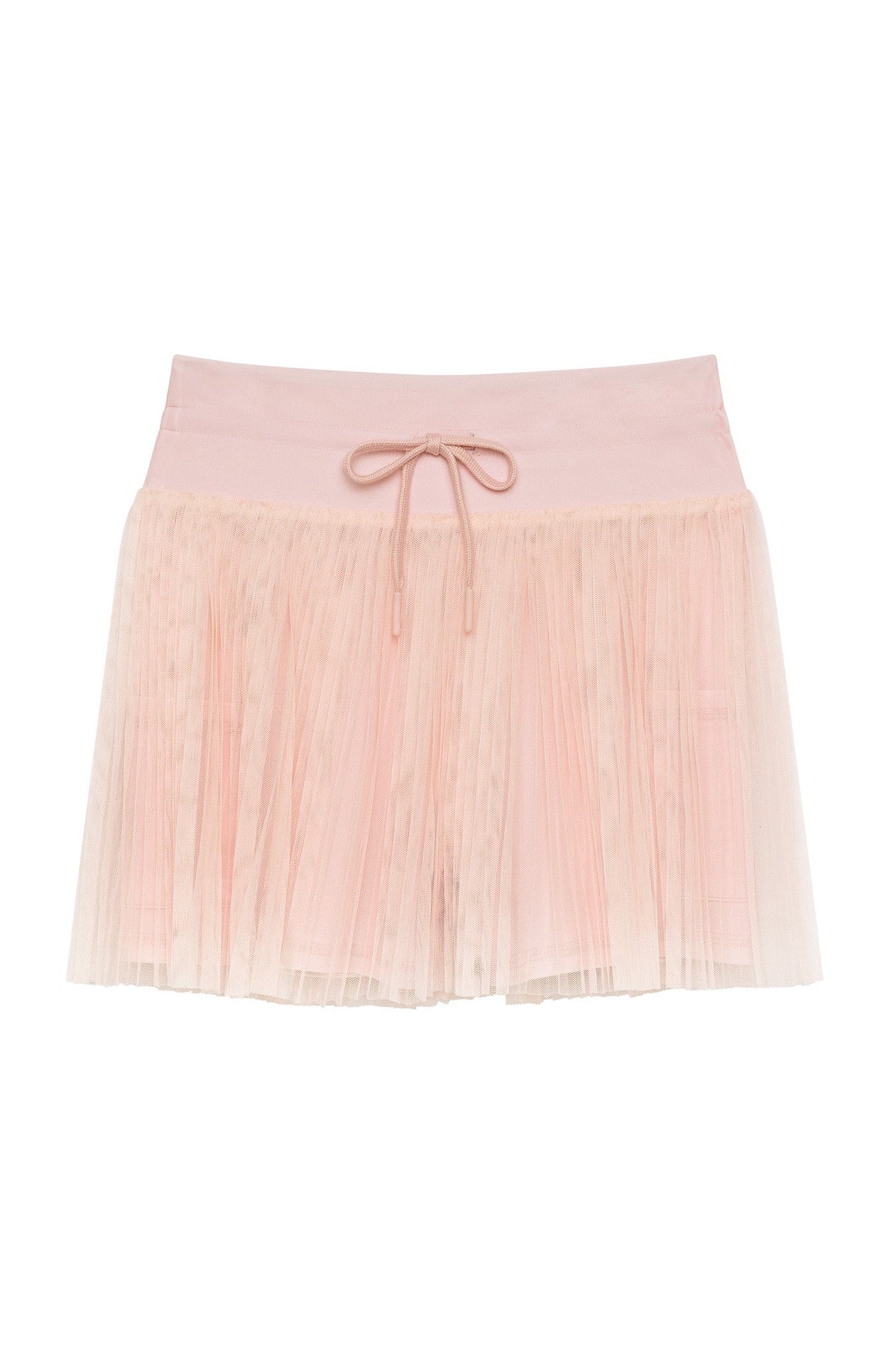 Pink pleated skort with a wide elastic waistband and a decorative drawstring bow at the front.