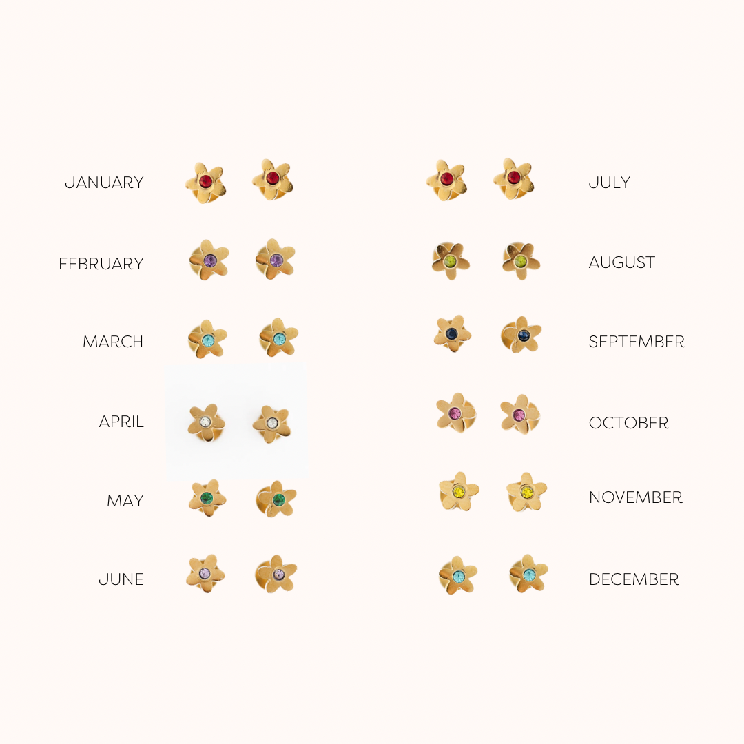 Pip Pop Post Birthstone Flower Stud Earrings, labeled January through December color chart
