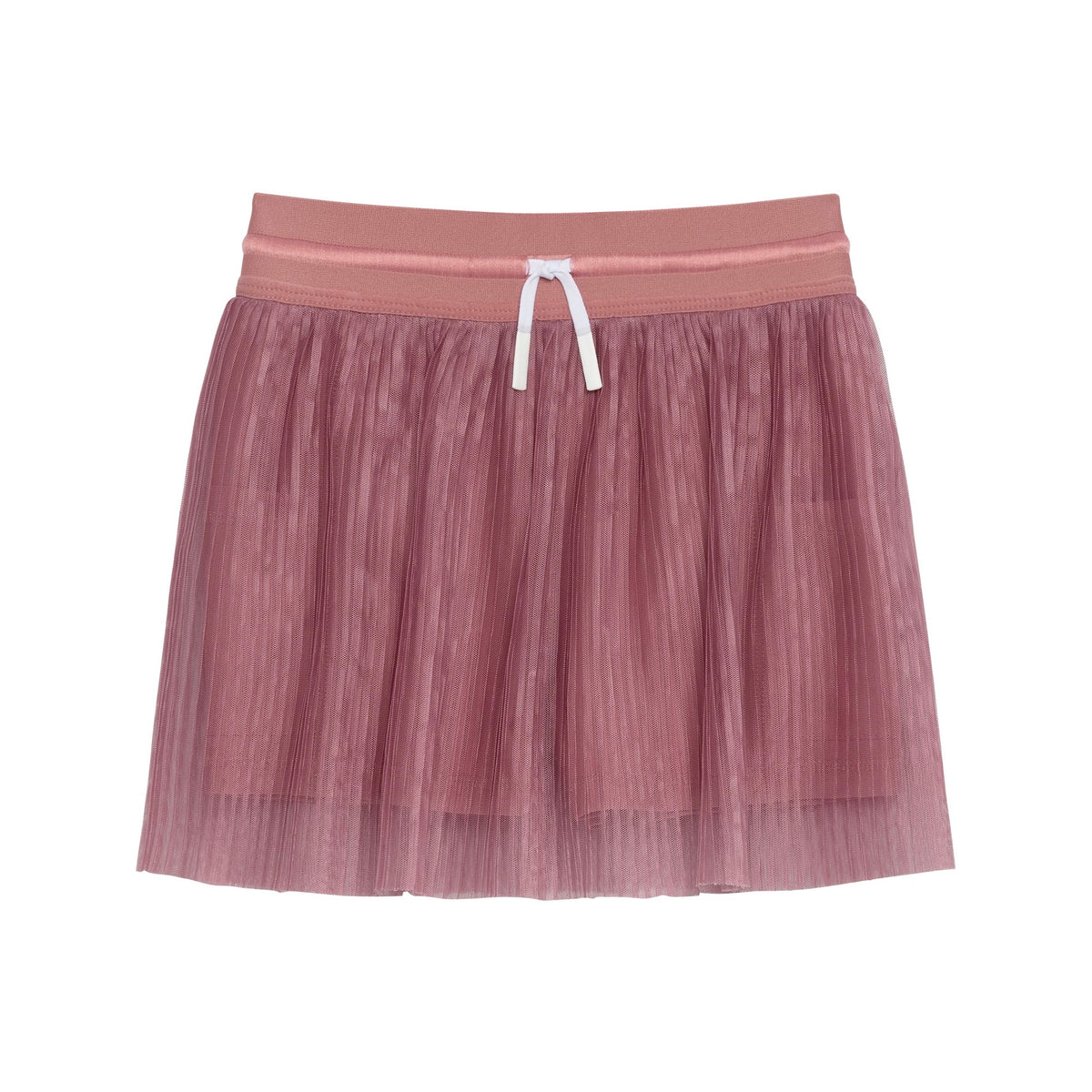 Dusty rose pleated skort with an elasticated waistband and a white decorative drawstring, shown on a white background.
