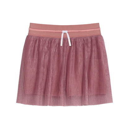 Dusty rose pleated skort with an elasticated waistband and a white decorative drawstring, shown on a white background.