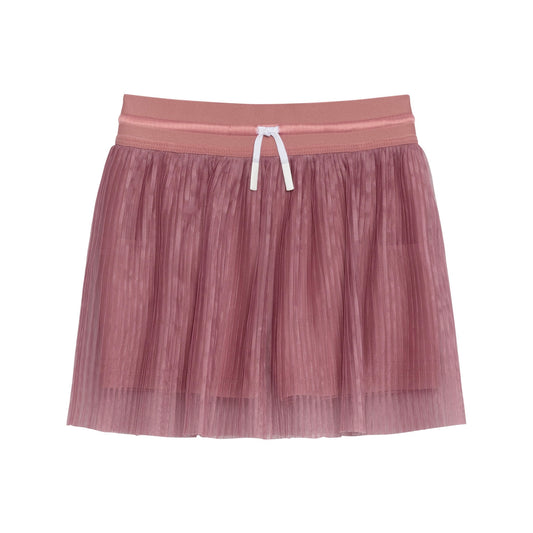 Dusty rose pleated skort with an elasticated waistband and a white decorative drawstring, shown on a white background.