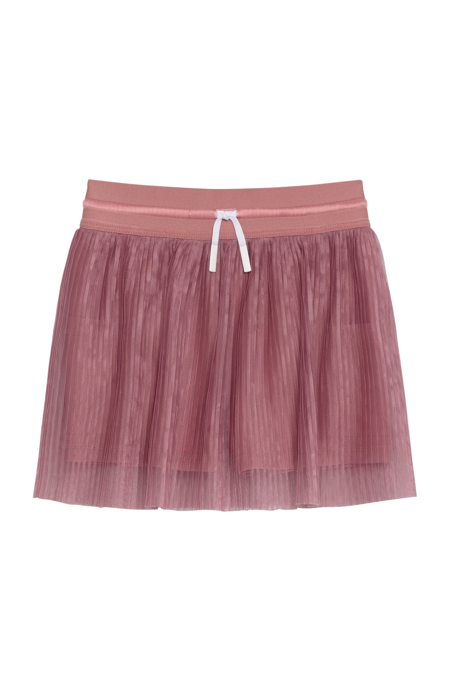 Dusty rose pleated skort with an elasticated waistband and a white decorative drawstring, shown on a white background.