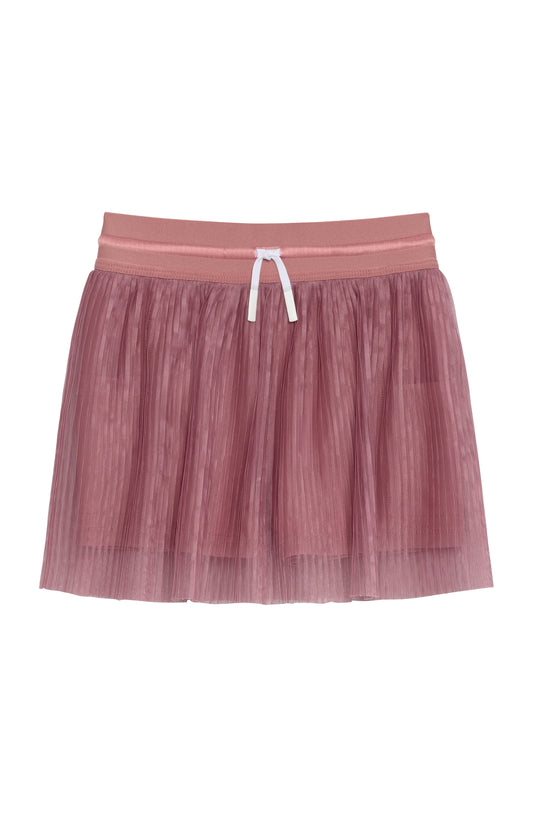 Dusty rose pleated skort with an elasticated waistband and a white decorative drawstring, shown on a white background.