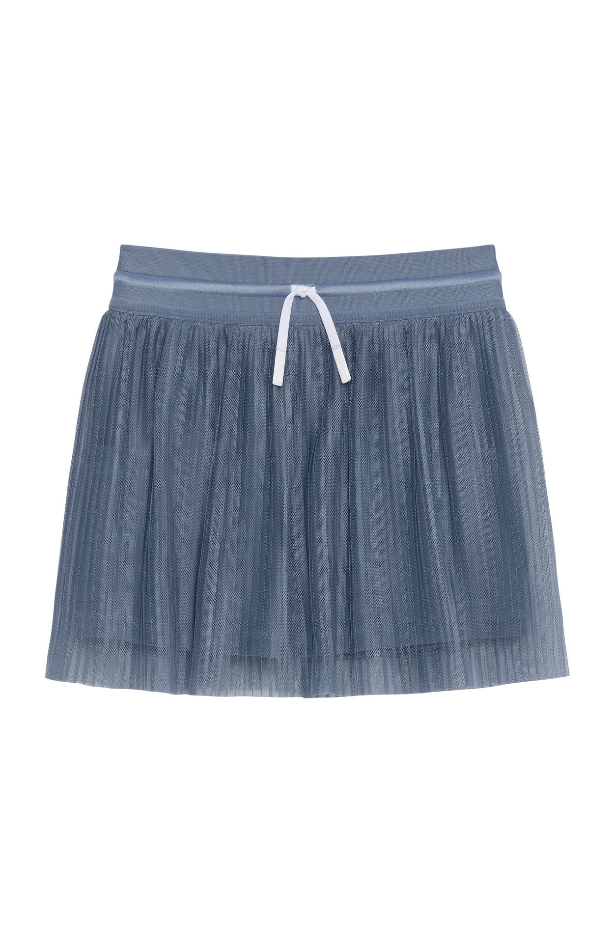 Children's slate blue pleated skort with an elastic waistband and white drawstring.