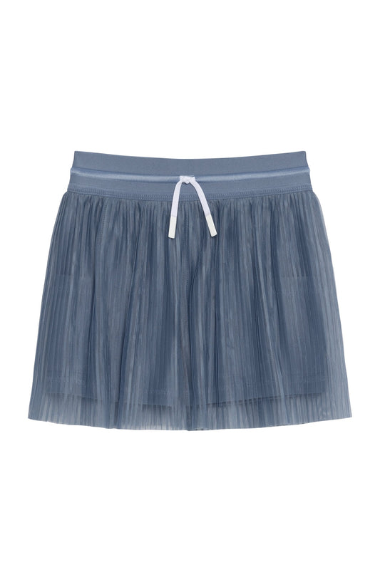 Children's slate blue pleated skort with an elastic waistband and white drawstring.