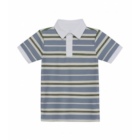 Children's blue-grey striped polo shirt with white collar, two-button placket, and short sleeves with white cuffs.