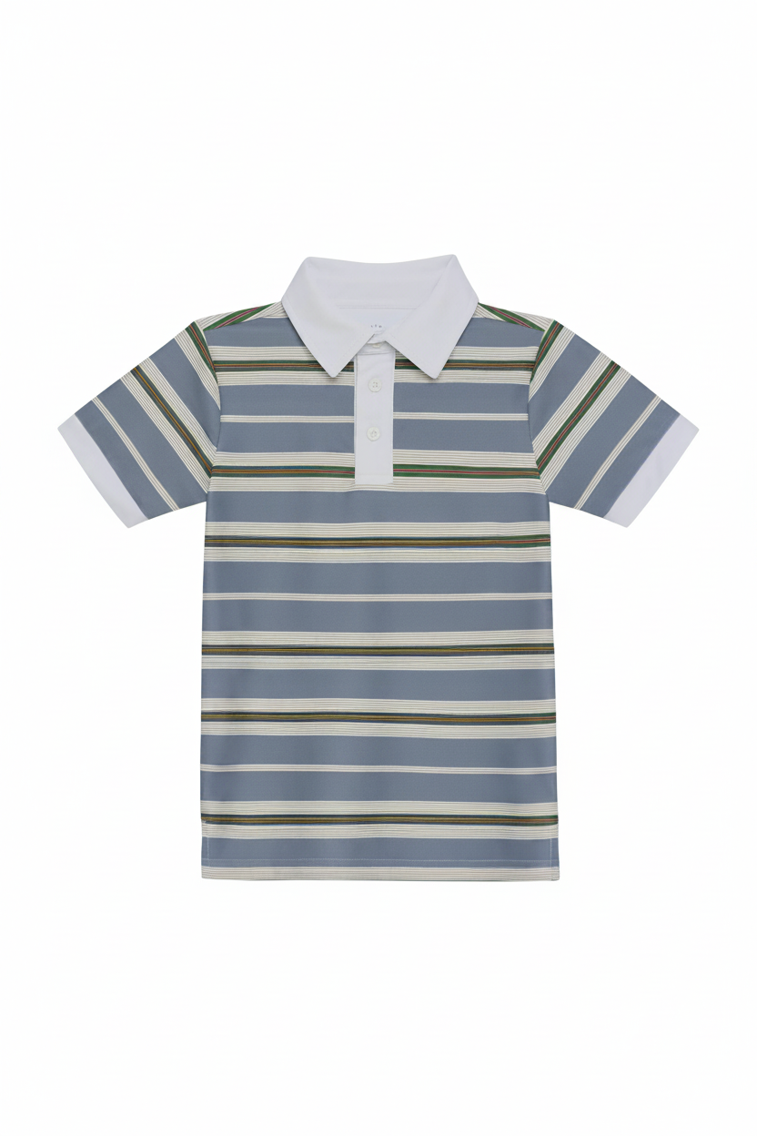 Children's blue-grey striped polo shirt with white collar, two-button placket, and short sleeves with white cuffs.