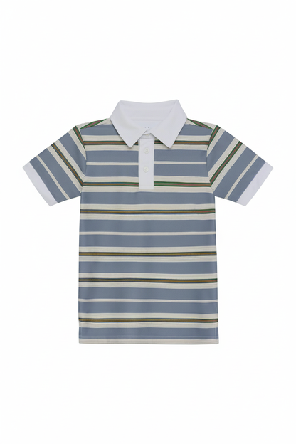 Children's blue-grey striped polo shirt with white collar, two-button placket, and short sleeves with white cuffs.
